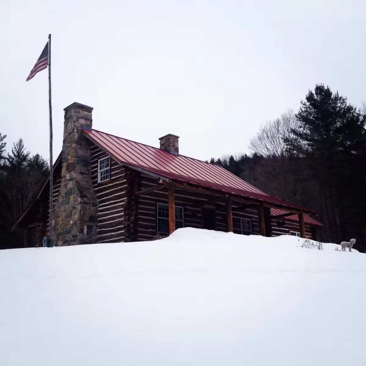 The log home surrounded by snow.